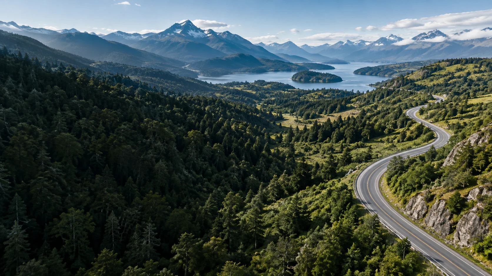 Carretera entre bosques y montañas de Chile